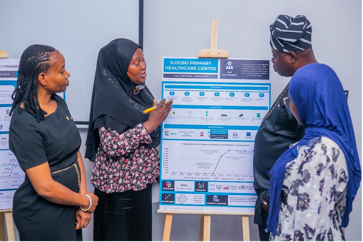 Frontline HCW presenting ongoing facility QI initiative to the PS LSHD IV and the Director of Medical Services (DMS)